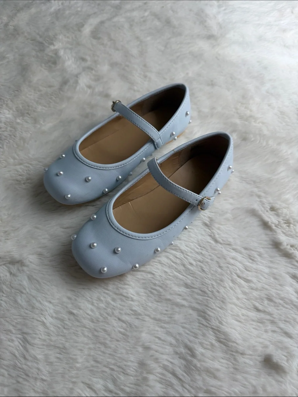 Janie and Jack Light Blue Pearl-Stud Mary Jane Shoes